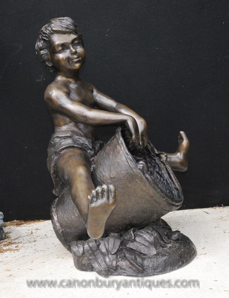 Bronze Bucket Boy Fountain Statue Figurine