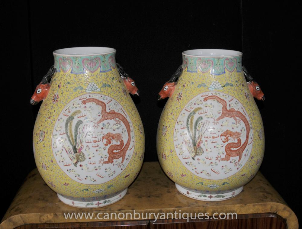 Pair Chinese Ming Porcelain Dragon Urns