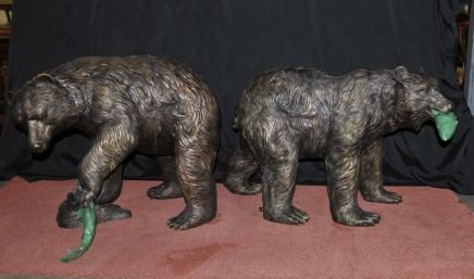Pair  Bronze American Grizzly Bear Fountains Statues Salmon