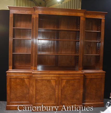 Walnut Breakfront Bookcase - Open  Regency Bookcases