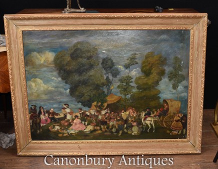 Antique English Oil Painting Medieval Renaissance Country Fayre Scene