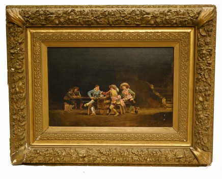 Antique French Oil Painting Tavern Scene Musketeers Signed J De Ninville Chiaroscuro