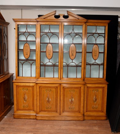 Breakfront Bookcase in Satinwood - Regency Sheraton Painted Bookcases