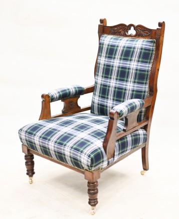 Edwardian Arm Chair Lounge Seat Tartan Print