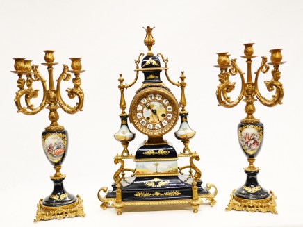 French Clock Set Garniture Candelabras Floral Porcelain