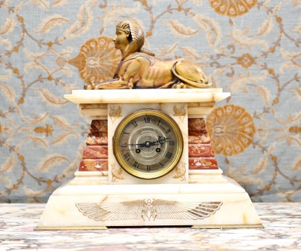 French Empire Clock Mantel Gilded Spinx Marble 1880