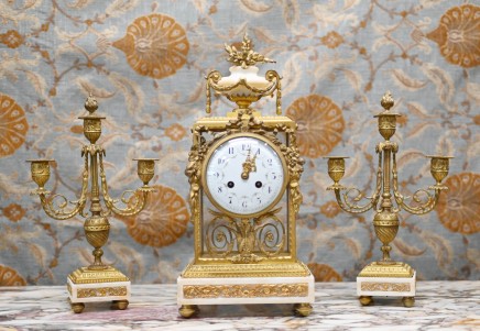 French Gilt Clock Set Garniture Marble Gilt