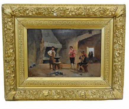 French Oil Painting By J De Ninville Musketeer Blacksmith Portrait