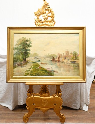 Henley on Thames Antique Oil Painting Riverscape 1870 Signed Harold Gregson