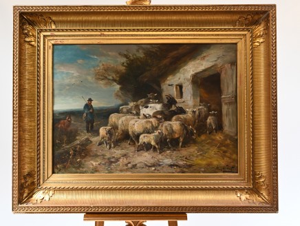Oil Painting Shepherd Sheep Flock by Henry Schouten Belgium 1890