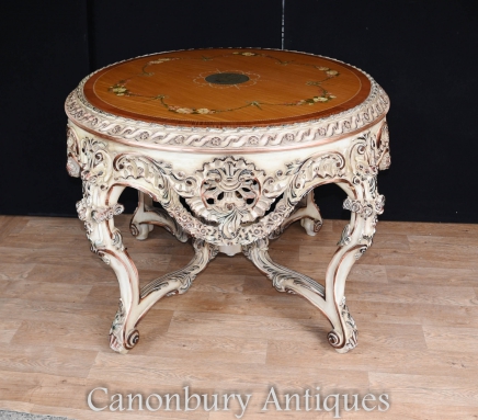 Painted Rococo English Centre Table Satinwood Top