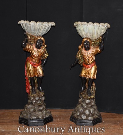Pair Venetian Blackamoor Figurines - Antique Clam Shell Planter Stands