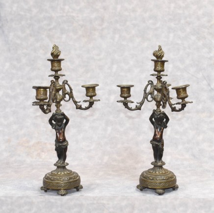 Pair Antique Bronze Candelabras - French Cherub Candelabrum