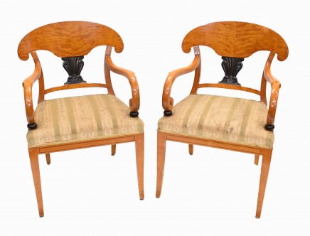 Pair Biedermeier Arm Chairs Swedish Satin Birch Furniture 1910