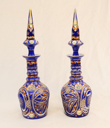 Pair Bohemian Glass Lidded Urns Tall Vases