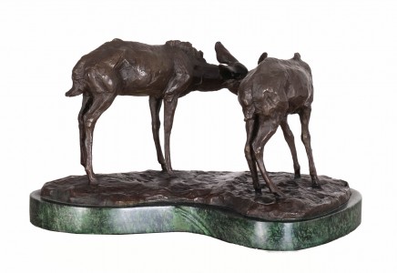 Pair Bronze Deer Statues - Doe Stag Animal Castings
