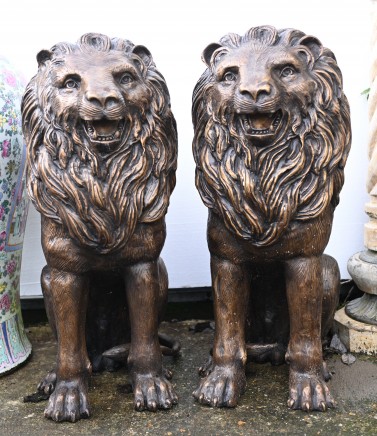 Pair Bronze Lion Gatekeeper Statues Guard Casting Lions