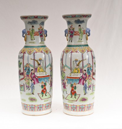 Pair Chinese Vases Qian Long Porcelain Tall Urns Pottery Ceramic