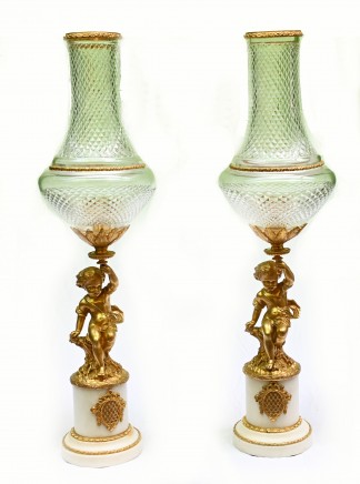 Pair French Cherub Storm Lamps Glass Gilt Figurines