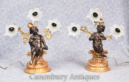 Pair French Empire Cherub Table Lamps Lights Clodion Candelabras