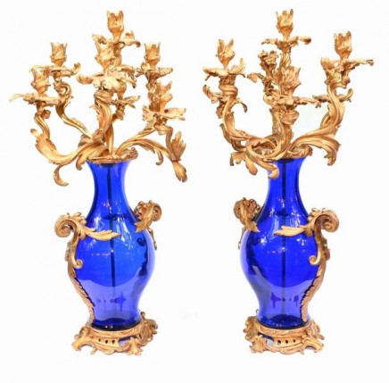 Pair French Gilt Candelabras Glass Urns 1910 Rococo
