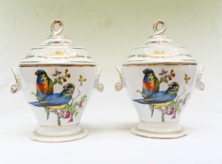 Pair French Sevres Porcelain Lidded Pots Parrots
