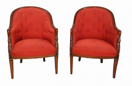Pair French Tub Chairs Empire Swan Arm Fauteuils
