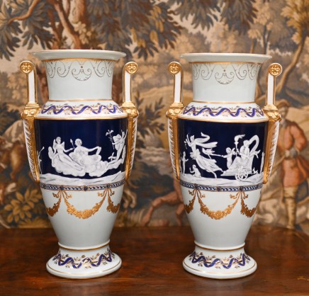 Pair German Meissen Pate Sur Pate Classical Urns Vases