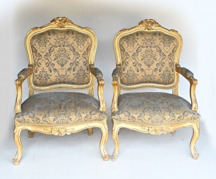 Pair Gilt Salon Chairs French Arm Empire Fauteuils