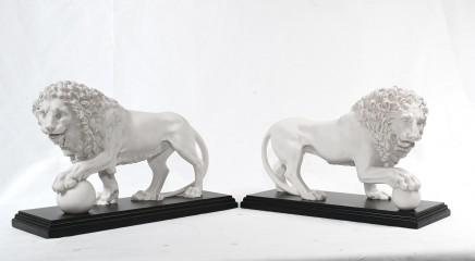 Pair Italian Lions Stone Medici Paw Ball Cats Statues