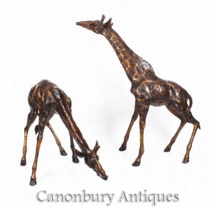 Pair Large Bronze Giraffes - Animal Statues Garden Casting