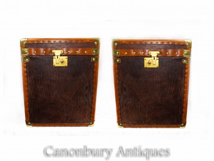Pair Leather Luggage Boxes - Steamer Trunk Side Tables Case
