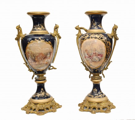 Pair Meissen Porcleain Urns - German Romantic Vases Pottery