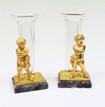 Pair Ormolu Cherub French Figurines Glass Vases