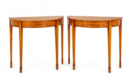 Pair Sheraton Console Tables Demi Lune Satinwood