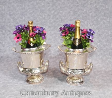 Pair Victorian Sheffield Silver Plate Champagne Wine Coolers Buckets Urns
