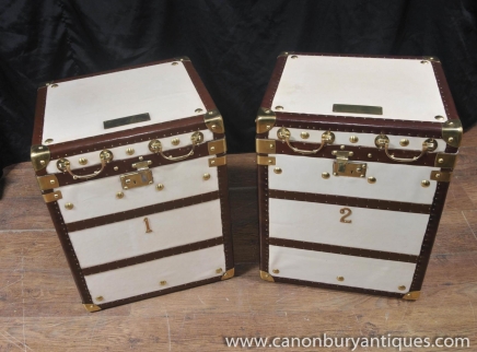 Pair White Leather English Luggage Boxes Trunks Cases Side Tables