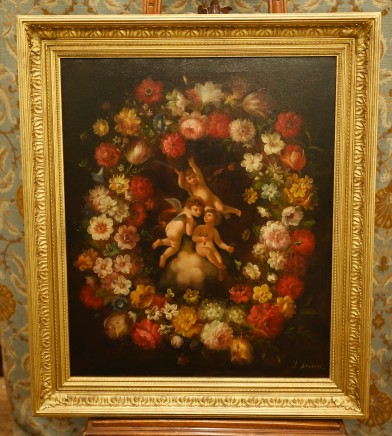 Regency Oil Painting Cherub Floral Potrait Putti Trio Signed