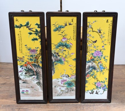 Set Chinese Porcelain Plaques Cranes Famille Jaune Potter