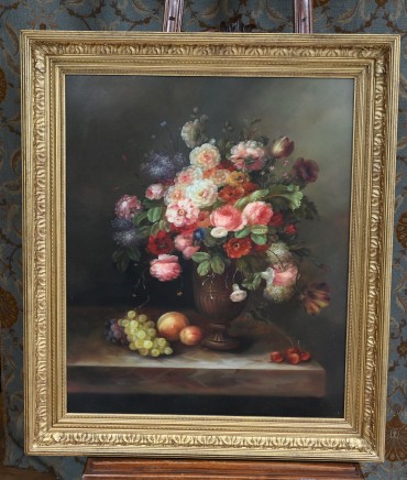 Victorian Oil Painting Flower Arrangement Floral Spray Gilt Frame