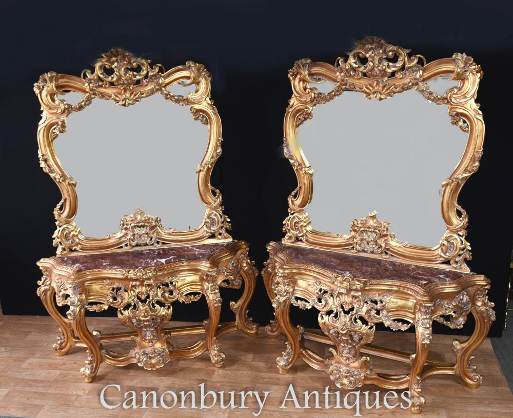 Pair rococo gilt console table and mirror sets