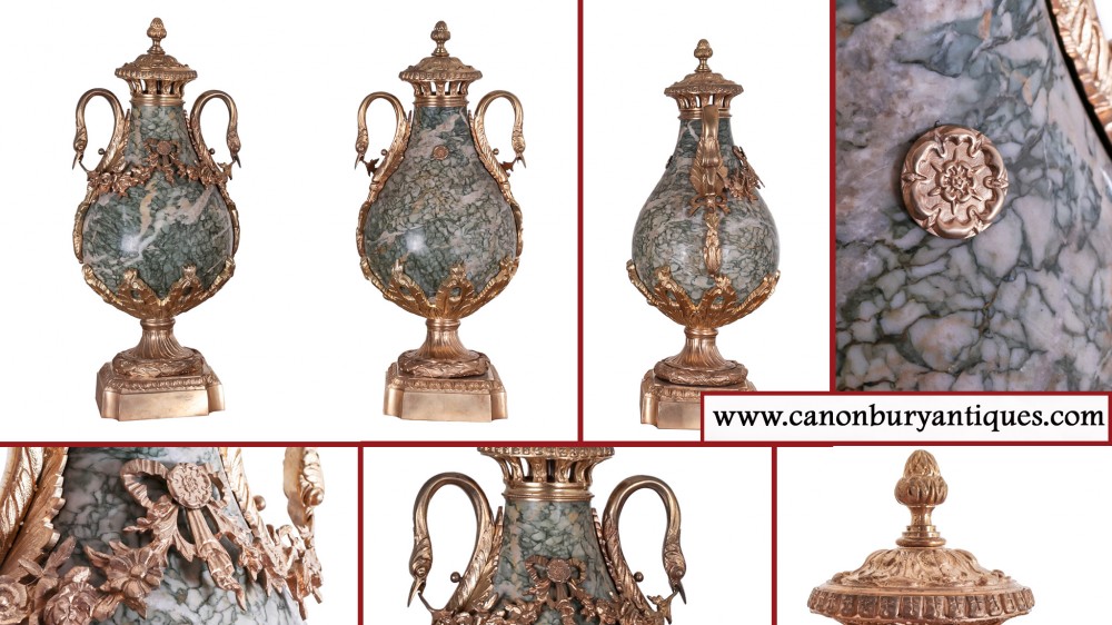 Antique Empire Cassolettes Urns - Pair Marble Swan Vases 1880