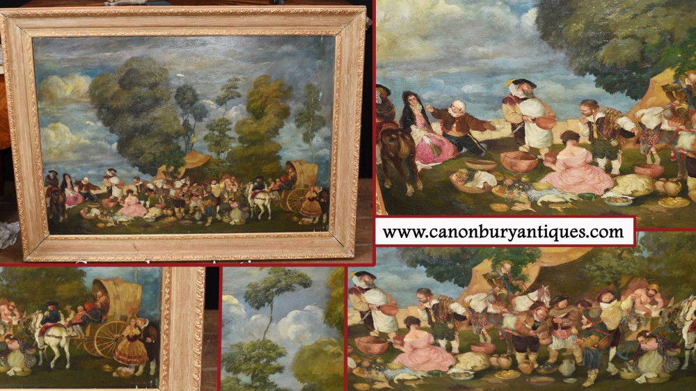 Antique English Oil Painting Medieval Renaissance Country Fayre Scene