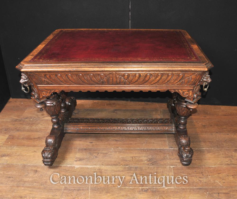 Antique Library Table Desk - Hand Carved Oak 19th Century
