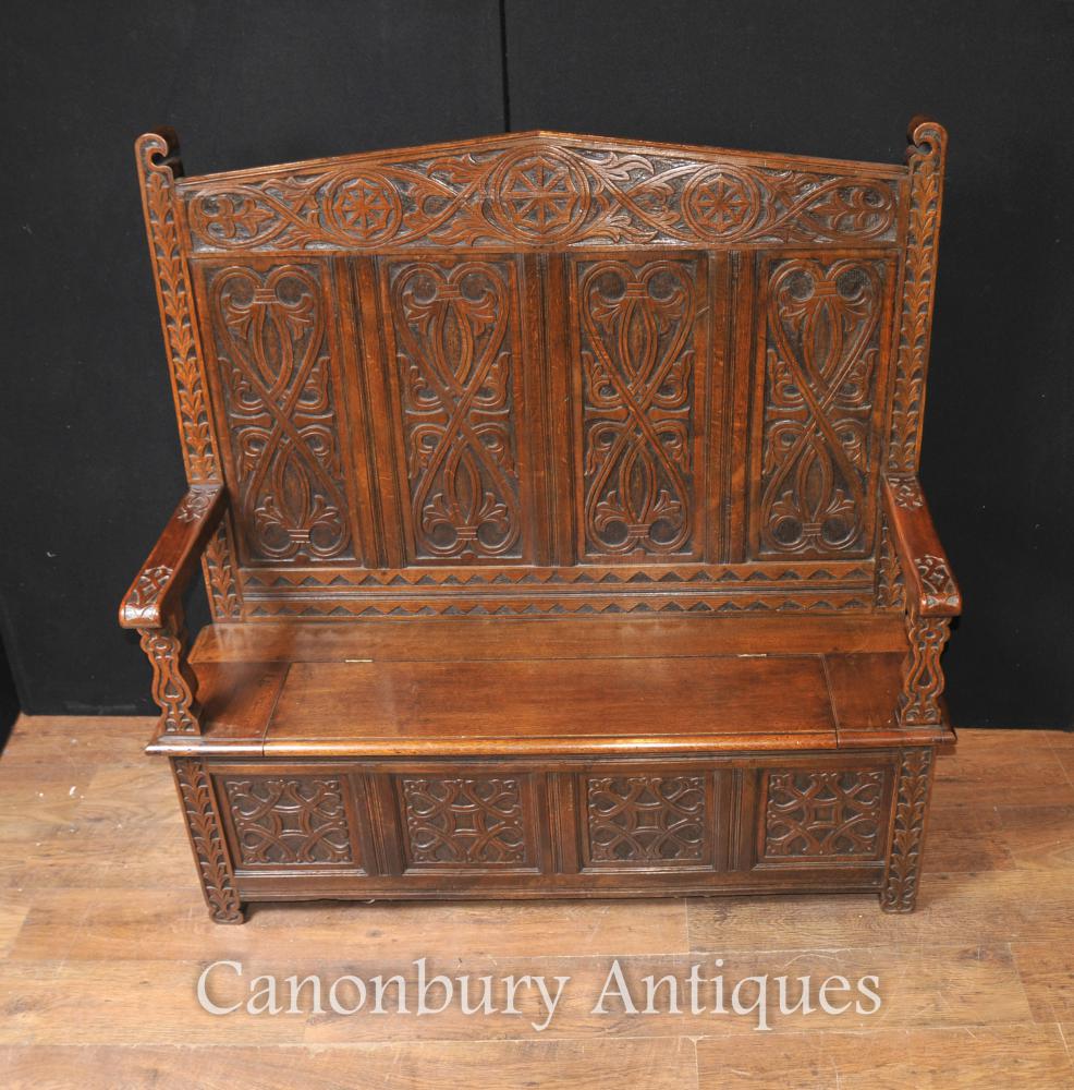 Antique 19th Century Celtic Monks Bench Settle Seat Carved Oak