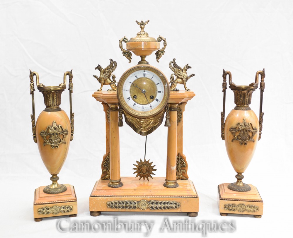 Antique Clock Set Marble Gilt French Empire Garniture