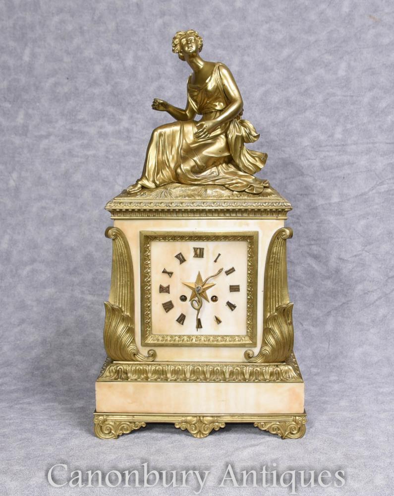 Art Deco Clock - Antique French Marble Ormolu Figurine 1930