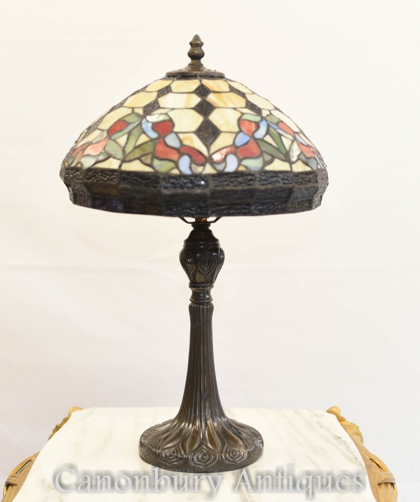 Art Nouveau Tiffany Lamp - Bronze Leaded Glass Light