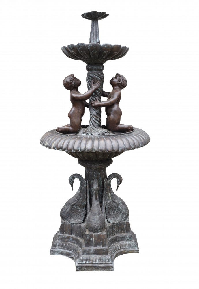 Bronze Cherub Fountain - Classical French Verdis Gris Swan Tiered Base