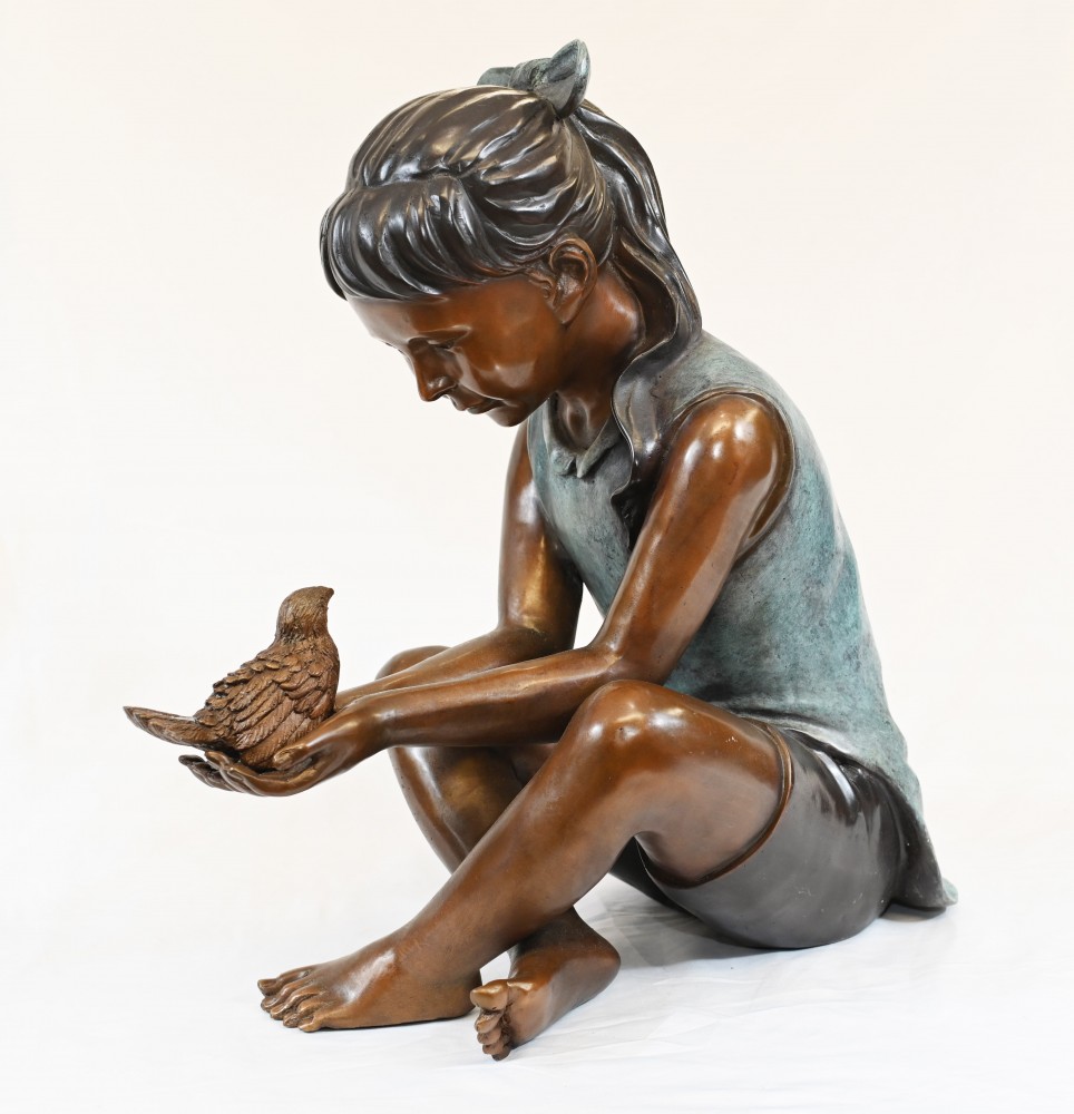 Bronze Child and Bird Statue Girl Casting